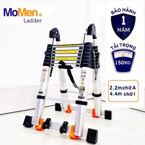 Thang nhôm đôi rút gọn có 2 thanh chống trượt kèm bánh xe MOMEN 220cm+220cm (MO220TNK-B)